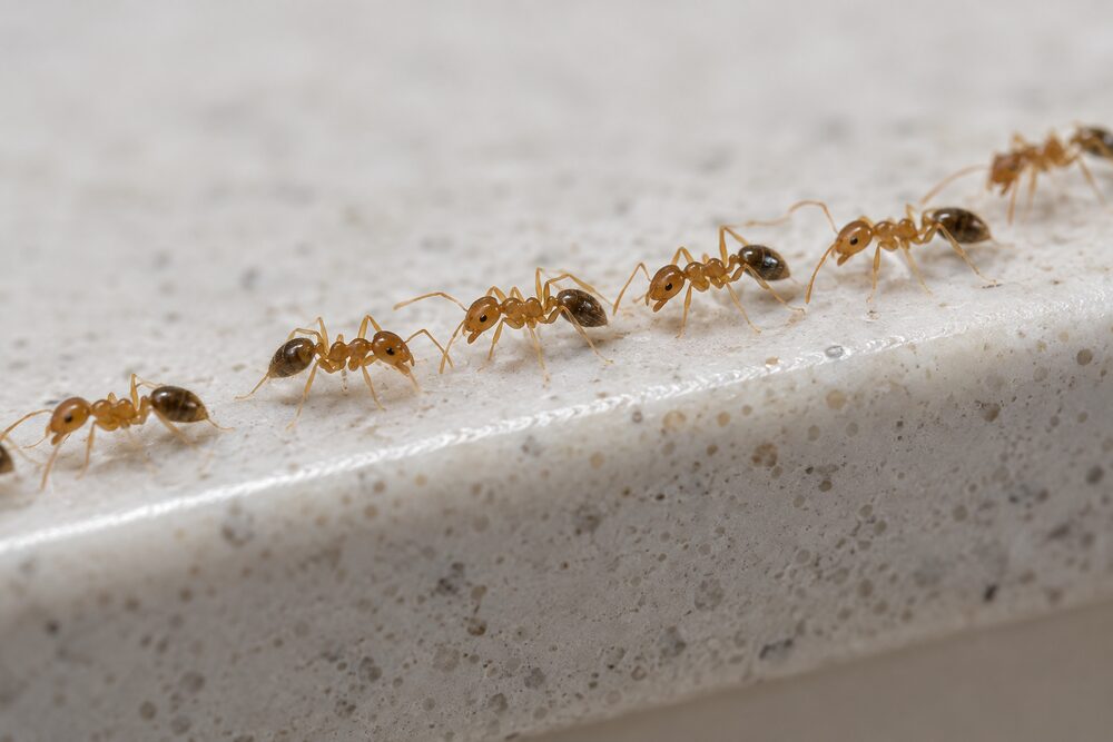 Pharaoh ants (Monomorium pharaonis) trailing along a worktop edge